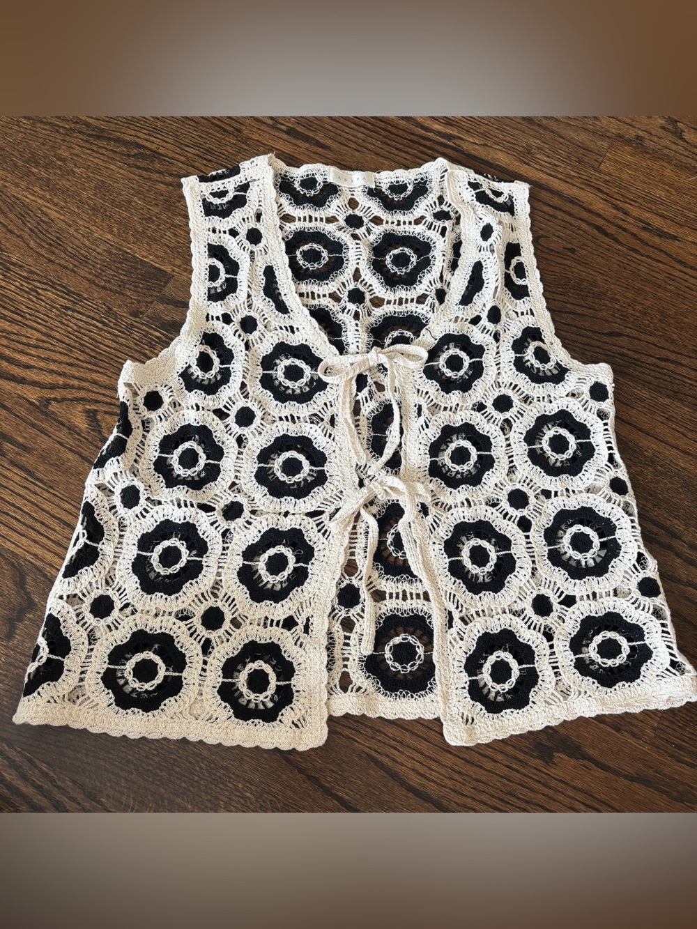 Adiva Black Crochet Vest with Cream Lace Trim medium